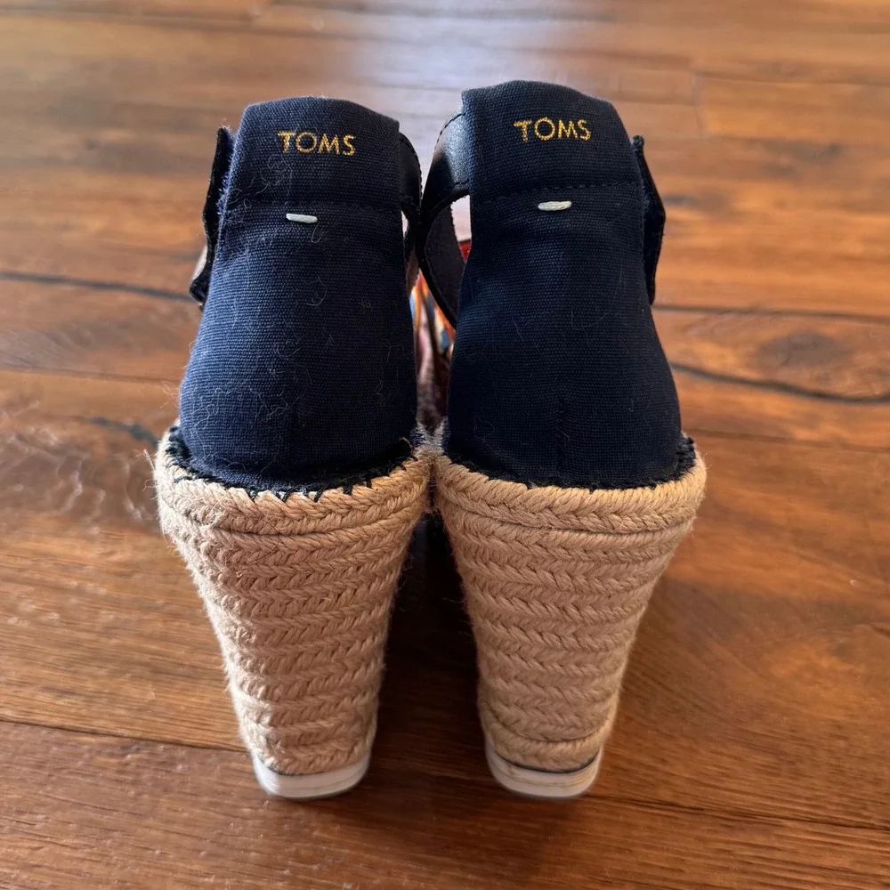 TOMS Monica Navy Multi Color Woven Espadrille Wedge Sandals Womens 9M